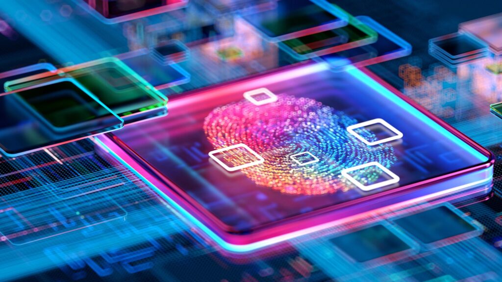 Fingerprint sign on digital CPU 3d background. Digital technology . Data Breach Concepts. close up biometrics ui.